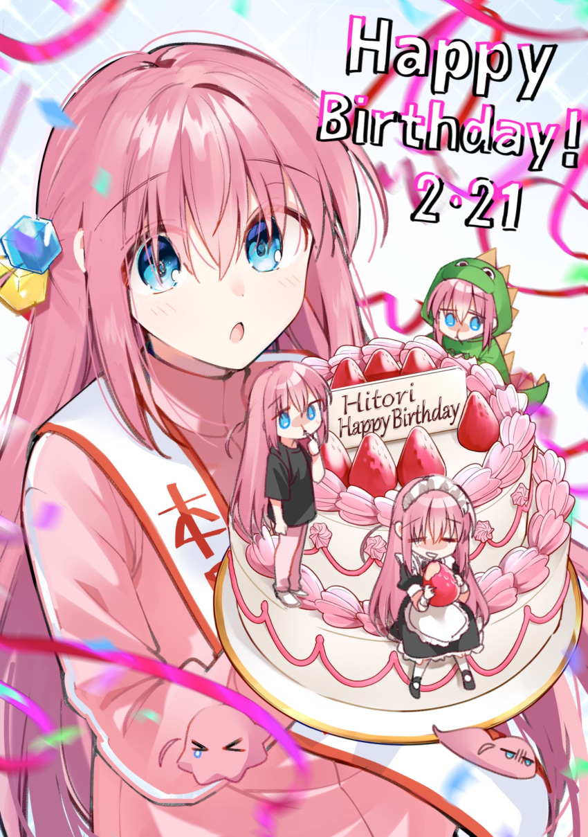 1girl, apron, birthday_cake, black_shirt, blue_eyes, bocchi_the_rock!, cake, confetti
