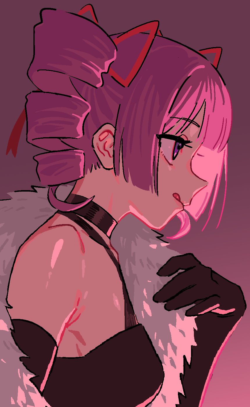 1girl, bare_shoulders, black_dress, black_gloves, breasts, chain, choker, commentary_request, dark_hunter_(sekaiju), dress, drill_hair, elbow_gloves, from_side, fur_shawl, gloves, hair_ribbon, highres, licking_lips, medium_breasts, mya-zawa, off-shoulder_dress, off_shoulder, pink_eyes, pink_hair, profile, red_ribbon, ribbon, sekaiju_no_meikyuu, sekaiju_no_meikyuu_1, shawl, smile, solo, tongue, tongue_out, twin_drills, twintails, unfinished