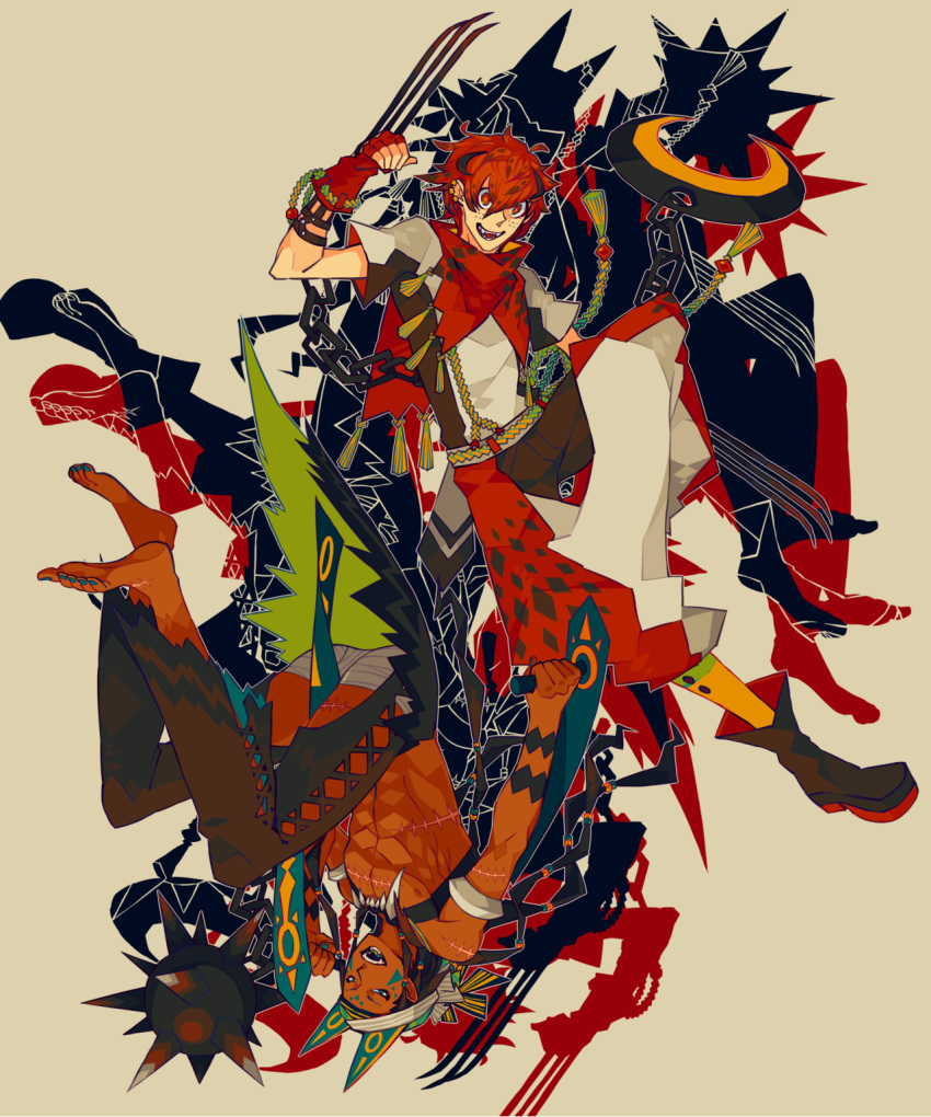 2boys, animal_ears, baggy_pants, ball_and_chain_(weapon), barefoot, blue_eyes, boots, capelet