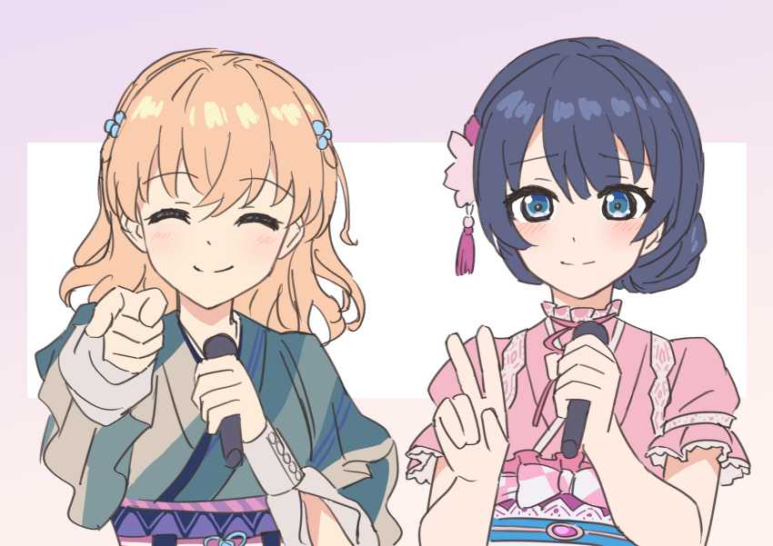 2girls, blue_eyes, blue_hair, blush, closed_mouth, commentary_request, cosplay, costume_switch