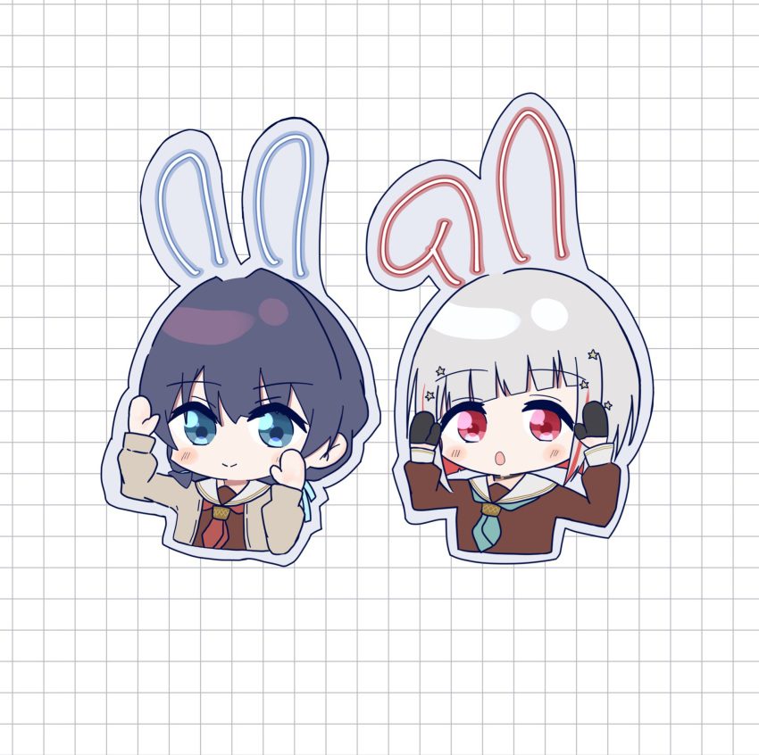 2girls, :o, animal_ears, aqua_neckerchief, black_choker, black_gloves, blue_eyes, blue_hair, blue_ribbon, blush, bob_cut, brown_cardigan, brown_dress, cardigan, choker, closed_mouth, colored_inner_hair, commentary_request, cropped_torso, diagonal_bangs, dollchestra, drawn_ears, dress, gloves, grey_hair, grey_outline, grid_background, hair_ornament, hair_ribbon, half_gloves, hasu_no_sora_school_uniform, highres, inverted_bob, link!_like!_love_live!, long_hair, long_sleeves, looking_at_viewer, love_live!, low_twintails, magu_(cv_mgmgcup), mole, mole_on_neck, multicolored_hair, multiple_girls, murano_sayaka, neckerchief, open_cardigan, open_clothes, open_mouth, outline, rabbit_ears, rabbit_pose, red_eyes, red_hair, red_neckerchief, ribbon, sailor_collar, sailor_dress, school_uniform, short_hair, star_(symbol), star_hair_ornament, streaked_hair, twintails, virtual_youtuber, white_background, white_sailor_collar, winter_uniform, yugiri_tsuzuri