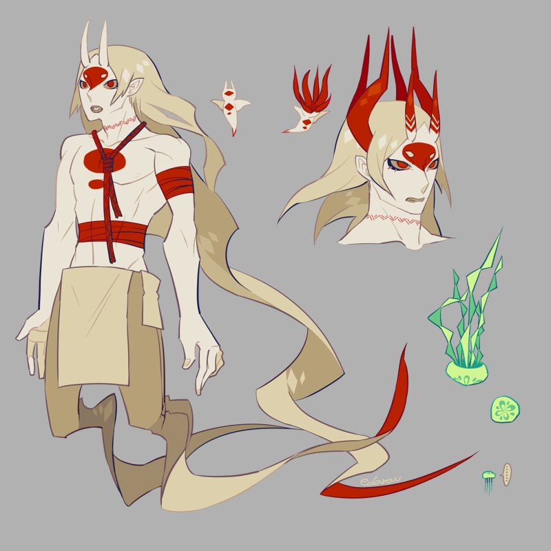 1boy, animal, arm_wrap, blonde_hair, eda, full_body, ghost, grey_background, horns, long_hair, male_focus, midriff_sarashi, multiple_horns, multiple_views, no_feet, original, pointy_ears, red_eyes, reference_sheet, sarashi, sea_angel, sea_angel_boy, simple_background, skin-covered_horns, topless_male, very_long_hair