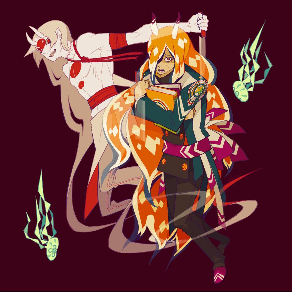 2boys, arm_wrap, blonde_hair, book, brown_background, coat, eda, fangs