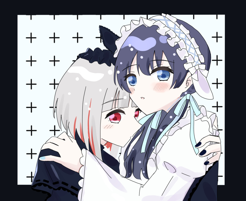 2girls, absurdres, black_border, black_dress, blue_eyes, blue_hair, blue_ribbon, blush