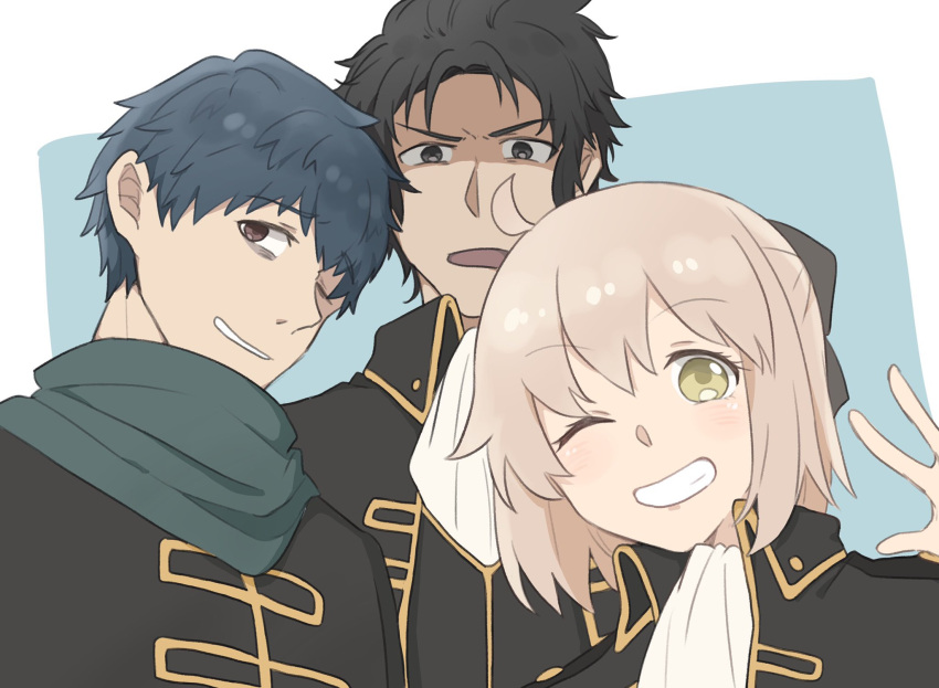 1girl, 2boys, ascot, bags_under_eyes, black_eyes, black_hair, bow, brown_eyes