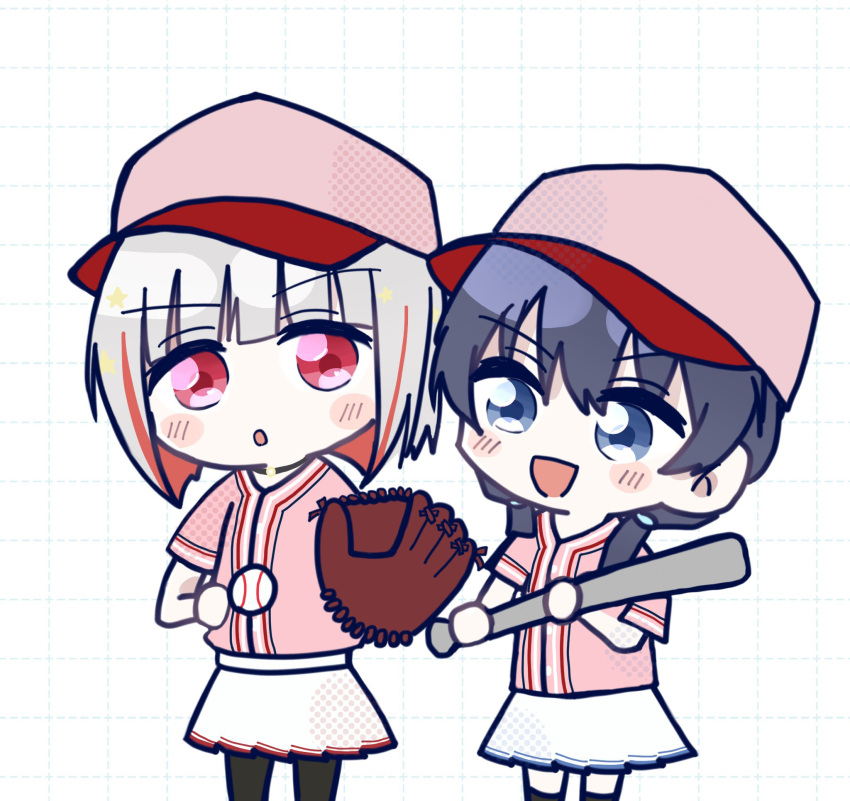 2girls, :d, :o, ball, baseball_(object), baseball_bat, baseball_cap, baseball_jersey