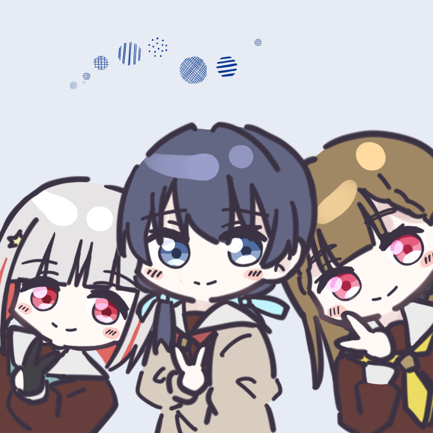 3girls, aqua_neckerchief, black_bow, black_gloves, blue_eyes, blue_hair, blue_ribbon, blush