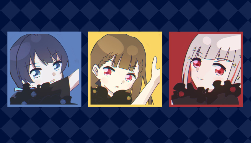 3girls, 3rd_live_tour_try_tri_unity!!!, arm_up, black_bow, black_shirt, blue_border, blue_eyes, blue_hair