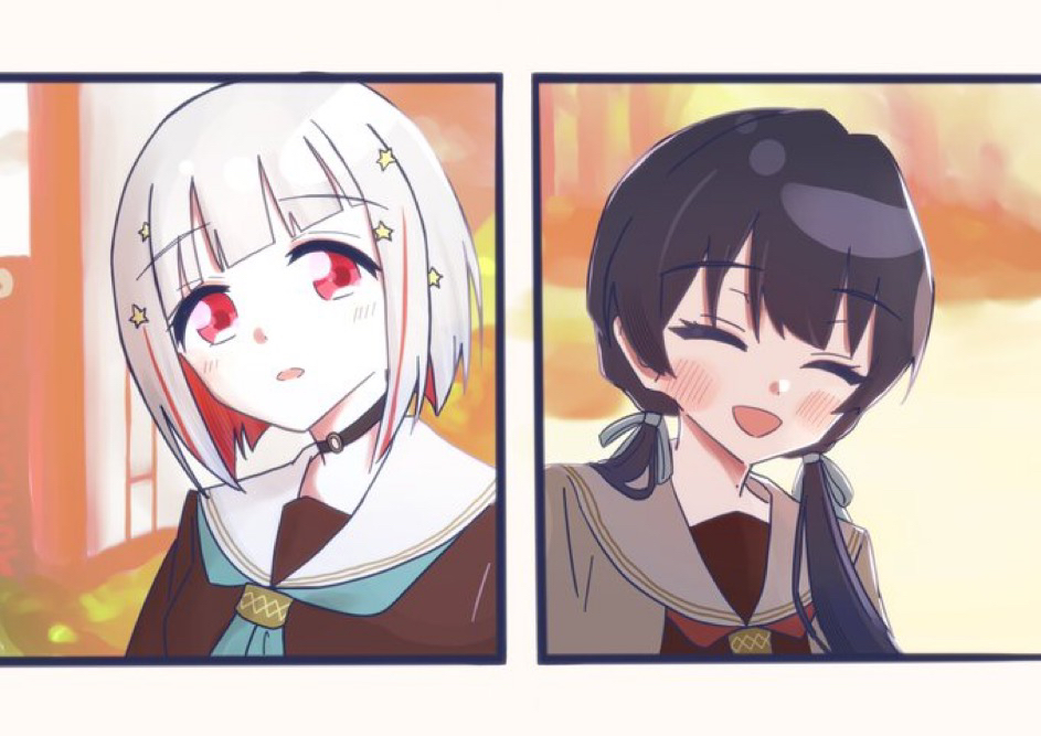 2girls, :d, :o, ^_^, aqua_neckerchief, black_choker, black_hair, blue_hair