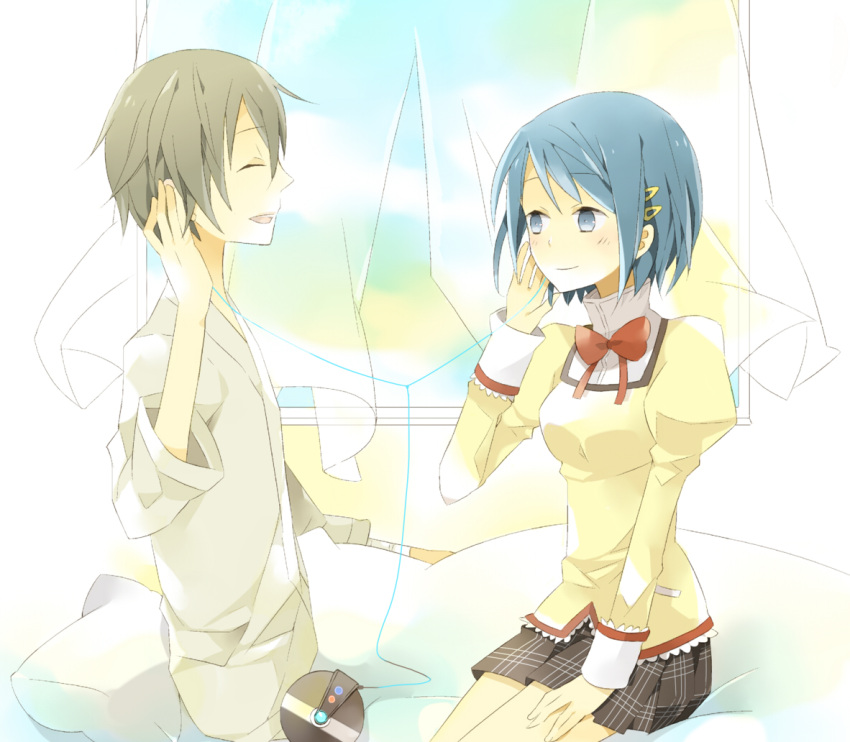 blue_hair, blush, bow, brown_hair, cd_player, earbuds, earphones, happy