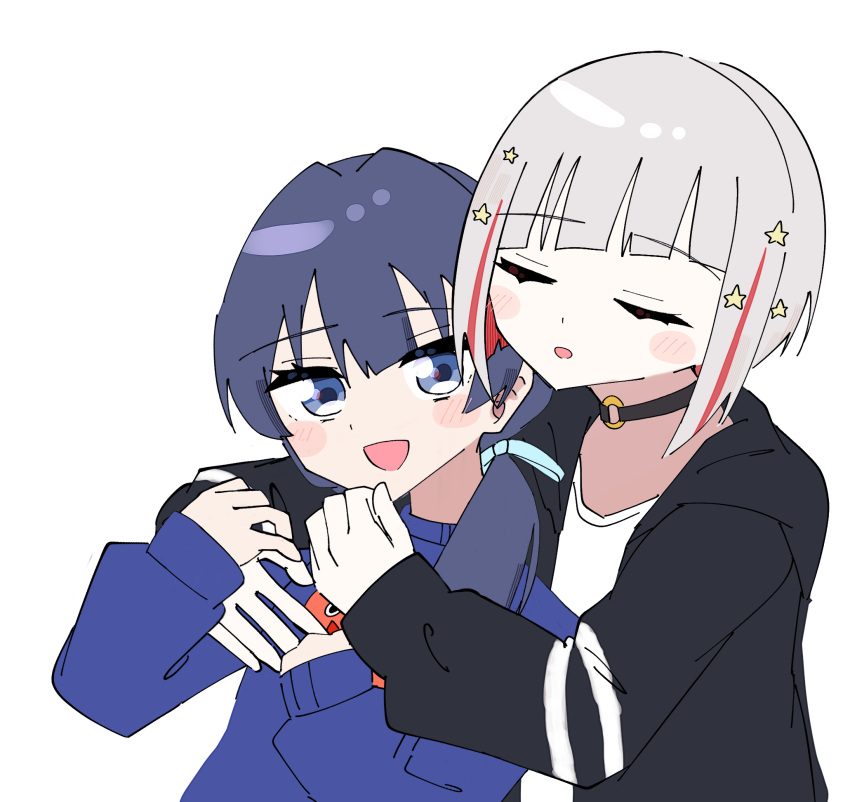 2girls, :d, black_choker, black_jacket, blue_eyes, blue_hair, blue_ribbon, blue_sweater