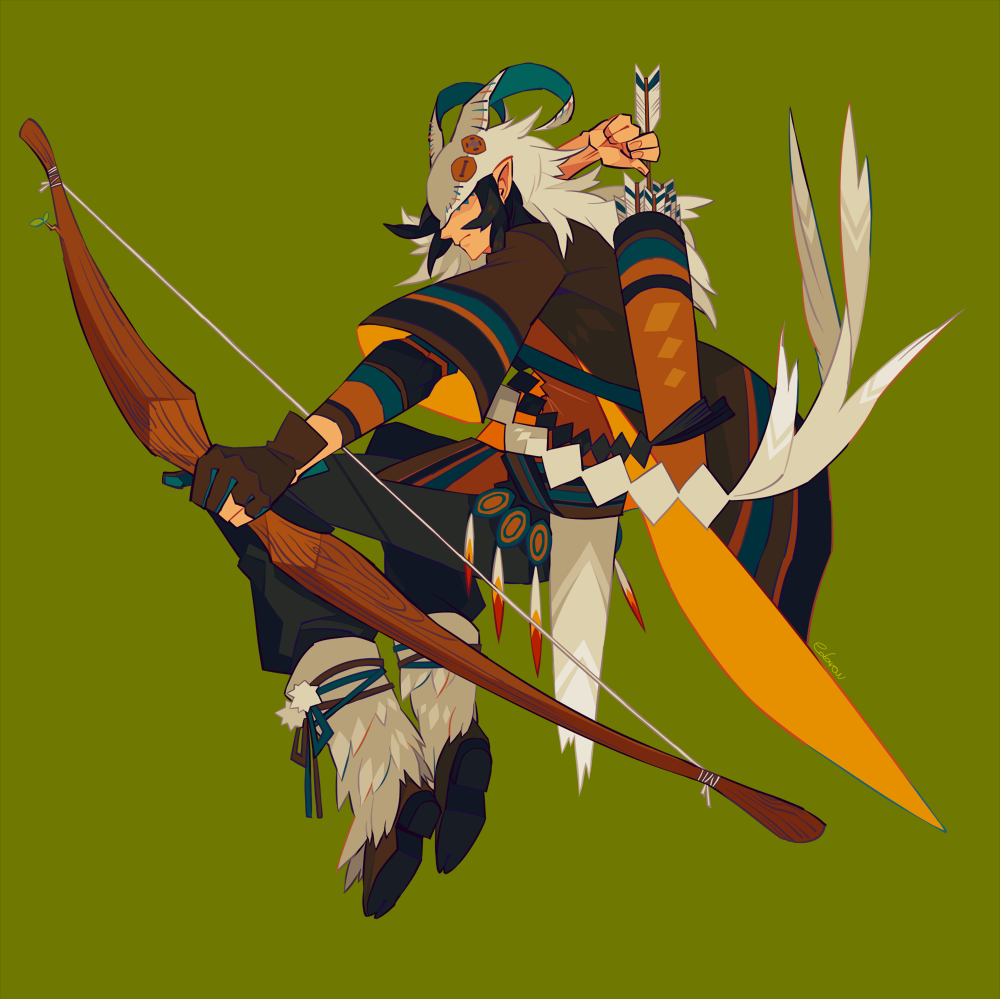 1boy, animal_hat, arrow_(projectile), black_hair, bow_(weapon), brown_coat, coat, commentary_request