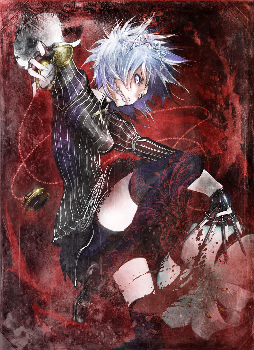 black_legwear, black_thighhighs, blood, blue_eyes, blue_hair, braid, chain, chains