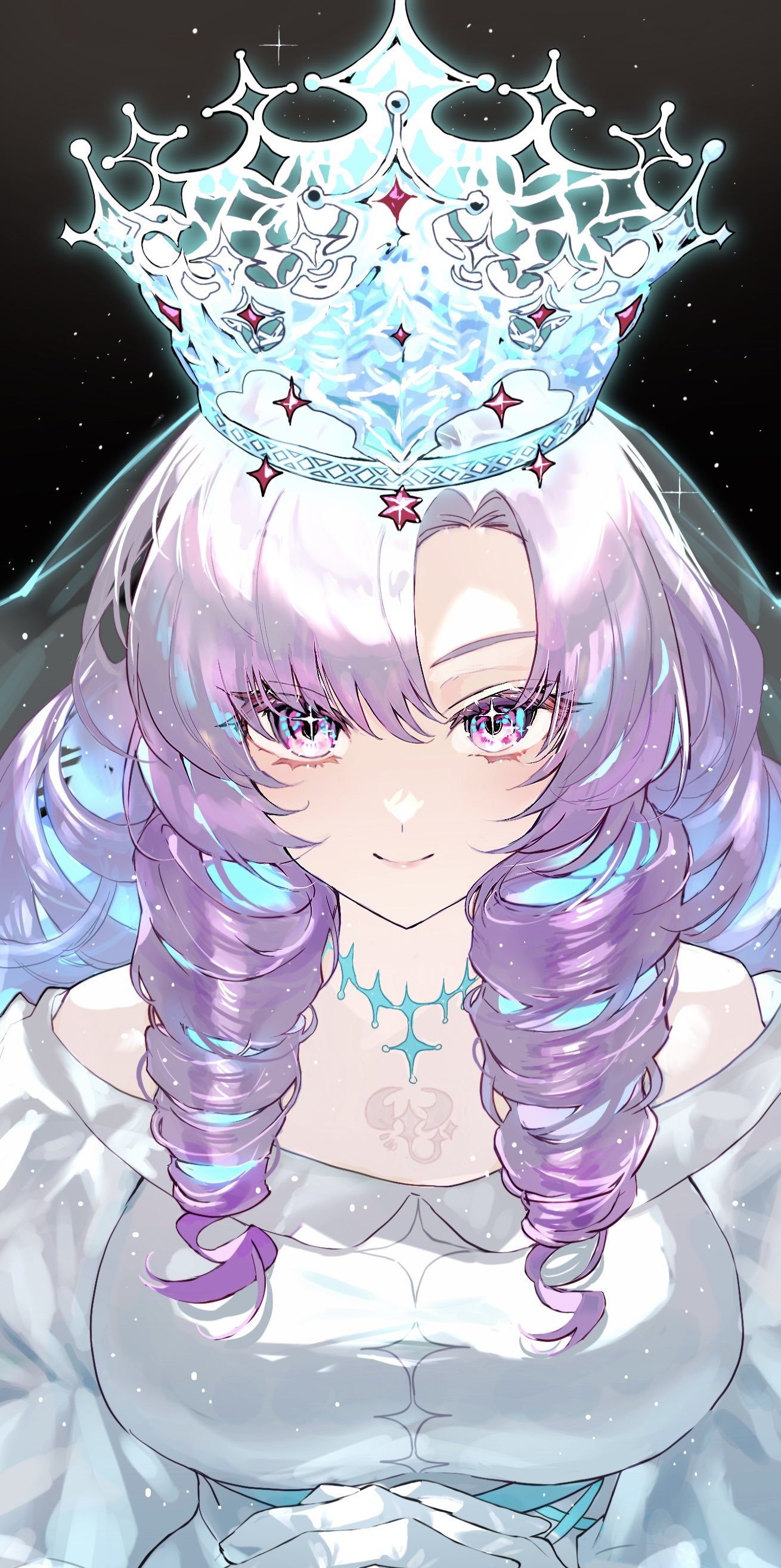 1girl, absurdres, black_background, breasts, chest_tattoo, colored_inner_hair, crossed_hands, crown