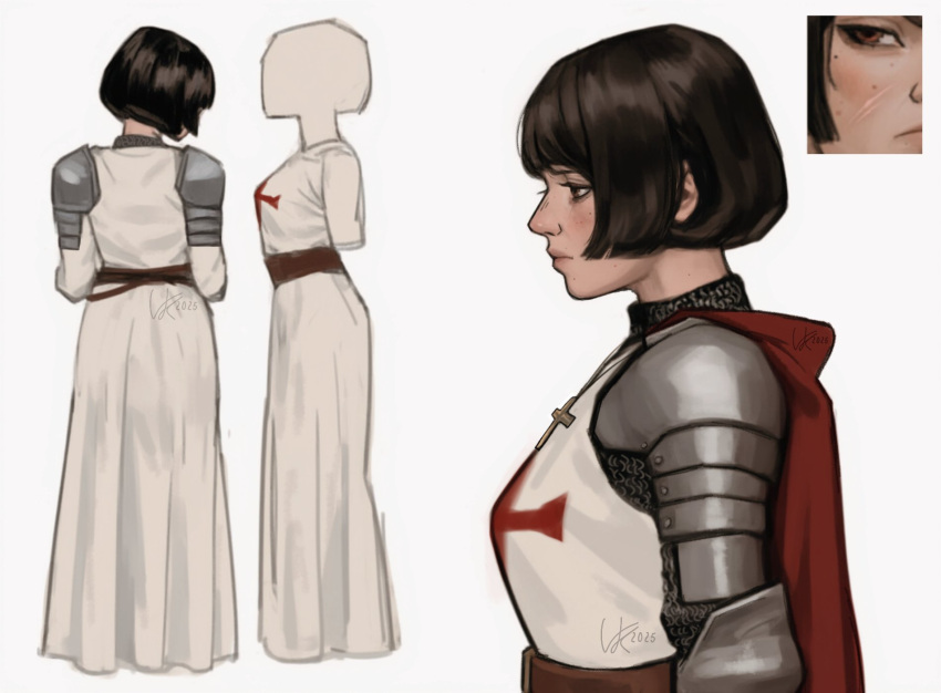 1girl, armor, bob_cut, brown_eyes, brown_hair, cloak, cross, cross_necklace, dated, freckles, highres, hood, hooded_cloak, jewelry, knight, knights_templar, long_sleeves, multiple_views, necklace, reference_sheet, scar, short_hair, shoulder_armor, signature, simple_background, solo, stronghold_crusader, upper_body, vankraut