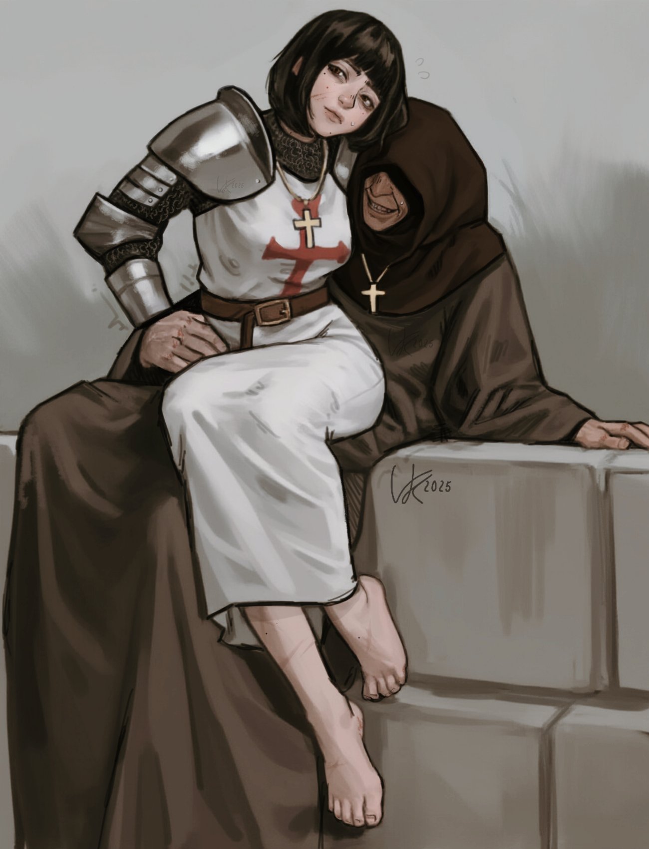 1boy, 1girl, armor, barefoot, black_hair, blunt_bangs, brown_eyes, chainmail