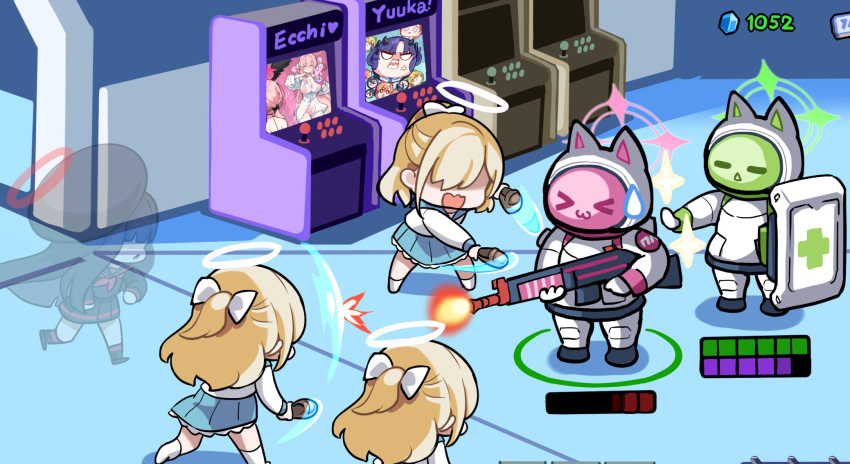 5girls, 6+girls, arcade_cabinet, armor, beret, black_hair, black_hat, blonde_hair