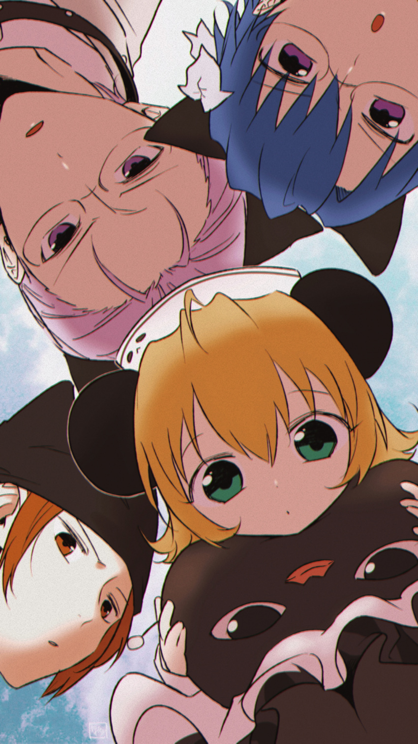 1girl, 3boys, absurdres, ahoge, animal_ears, apron, beanie, black_dress, black_hat, black_pantyhose, blonde_hair, blue_hair, brown_eyes, brown_hair, cat_ears, chromatic_aberration, closed_mouth, commentary_request, coo_erhard, creature, di_gi_charat, dress, film_grain, flipped_hair, glasses, green_eyes, hair_between_eyes, hakoniwa_(5ma_suke), hat, highres, holding, holding_creature, ky_schweitzer, looking_at_viewer, medium_hair, multiple_boys, nazo_gema, nurse_cap, open_mouth, panda_ears, pantyhose, parted_lips, piyoko, purple_hair, rik_heisenberg, semi-rimless_eyewear, short_hair, striped_clothes, striped_dress, under-rim_eyewear, violet_eyes, white_apron, white_hat