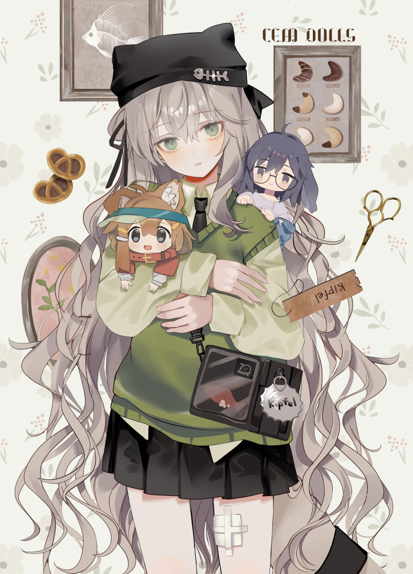 3girls, :d, ahoge, animal_ears, animal_hat, bag, bandaged_leg, bandages, bandaid, bandaid_on_knee, bandaid_on_leg, beanie, black_bag, black_necktie, black_ribbon, black_skirt, blue_eyes, blue_hair, blush, brown_hair, carrying, cat_ears, cat_girl, cat_tail, character_doll, charm_(object), chibi, chibi_inset, chiemo_(xcem), closed_mouth, collar, collared_shirt, cookie, cowboy_shot, double-parted_bangs, drawing_(object), expressionless, food, glasses, green_eyes, green_shirt, green_sweater, green_vest, grey_hair, hair_between_eyes, hair_ornament, hair_ribbon, hairclip, hat, highres, holding, kipfel_(vrchat), long_hair, long_sleeves, looking_at_viewer, mamehinata, mini_person, minigirl, miniskirt, multiple_girls, necktie, open_mouth, parted_lips, picture_frame, pleated_skirt, rabbit_ears, ribbon, round_eyewear, school_uniform, scissors, shirt, shoulder_bag, skirt, smile, standing, sweater, sweater_vest, tail, usasaki_(vrchat), very_long_hair, vest, vrchat, wavy_hair, white_shirt
