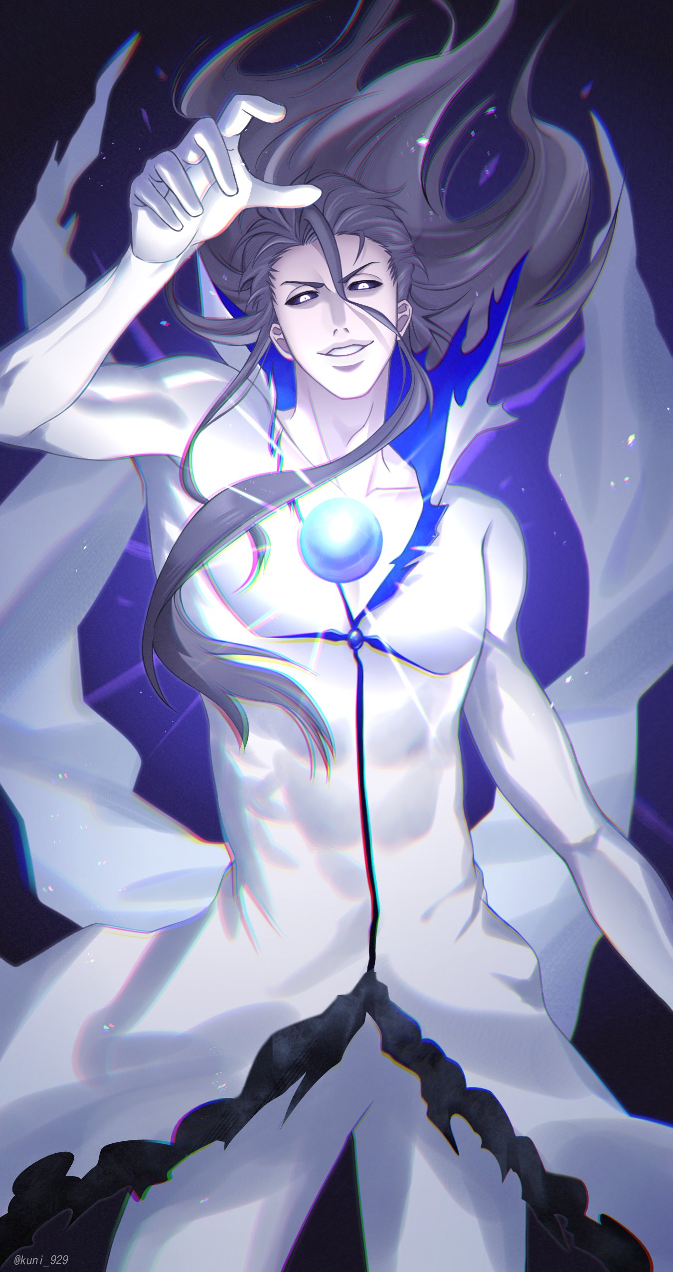 1boy, 2024, absurdres, aizen_sousuke, alternate_form, arm_at_side, black_sclera, bleach