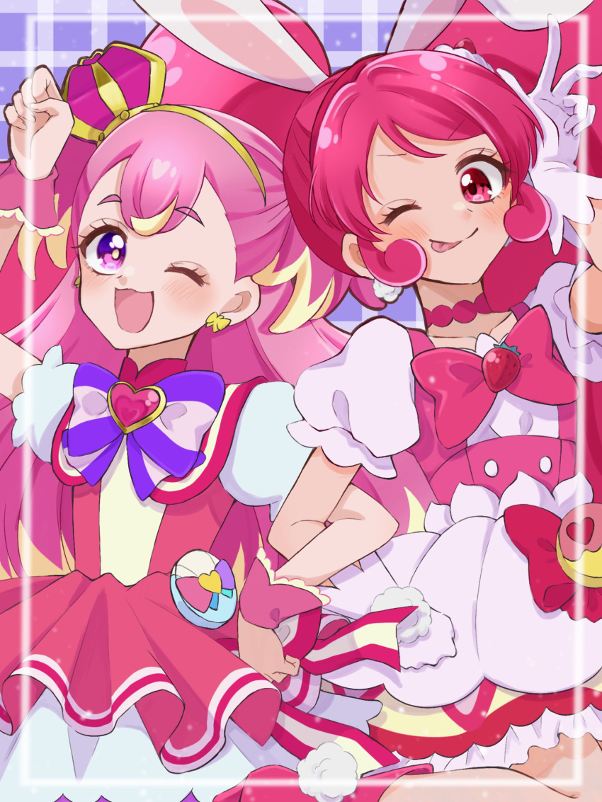 2girls, animal_ears, blush, boots, bow, bow_earrings, bowtie, brooch