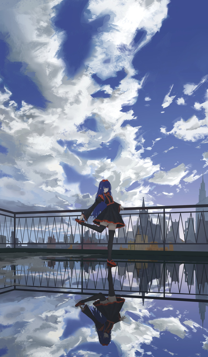1girl, absurdres, black_dress, black_souls, black_souls_2, black_thighhighs, blue_eyes, blue_hair