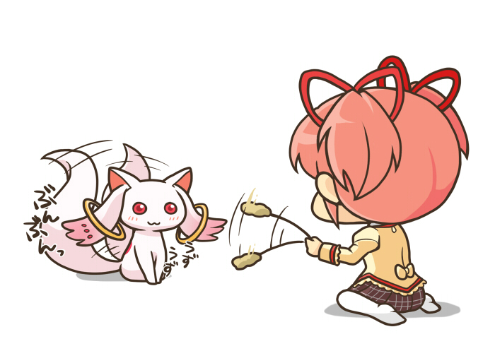 blush, cat_teaser, catnip, chibi, from_behind, kaname_madoka, kuji_(nmids), kyubey