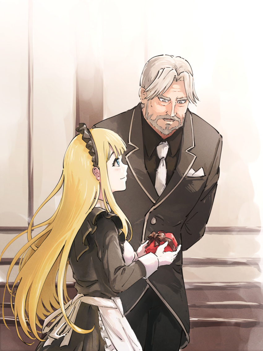1boy, 1girl, apron, arms_behind_back, beard, black_pants, black_shirt, black_suit