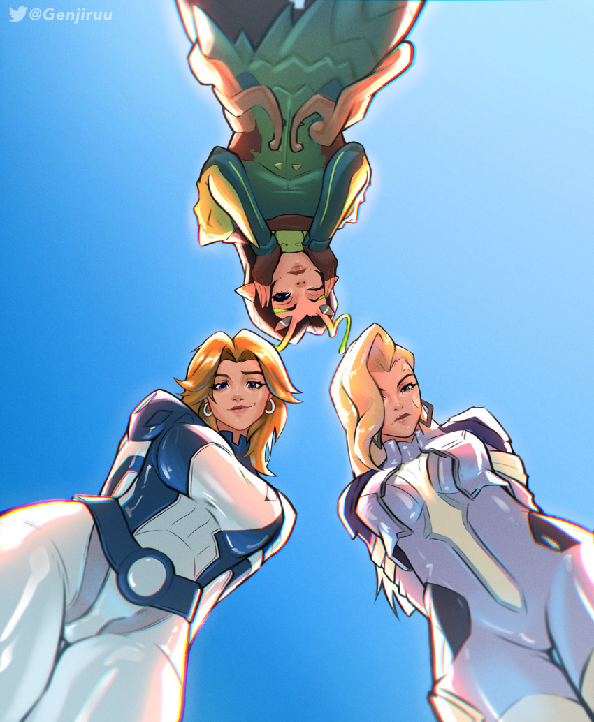 3girls, absurdres, alien, antennae, black_hair, blonde_hair, blue_bodysuit, blue_eyes