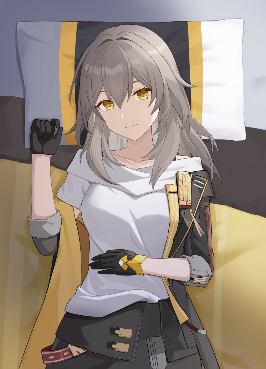 1girl, black_gloves, black_jacket, black_skirt, breasts, closed_mouth, coffee_can_ex, commentary, cowboy_shot, english_commentary, from_above, gloves, grey_hair, hand_on_own_stomach, head_on_pillow, highres, honkai:_star_rail, honkai_(series), jacket, jacket_partially_removed, large_breasts, long_hair, looking_at_viewer, lying, on_back, on_bed, open_clothes, open_jacket, pillow, shirt, skirt, solo, stelle_(honkai:_star_rail), trailblazer_(honkai:_star_rail), white_shirt, yellow_eyes