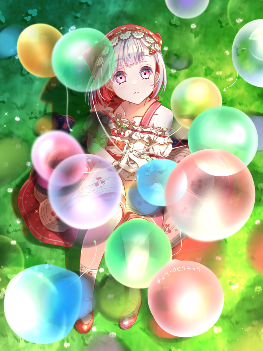 1girl, balloon, bob_cut, bonnet, bow, cherry_hair_ornament, cherry_picnic_(love_live!), collarbone