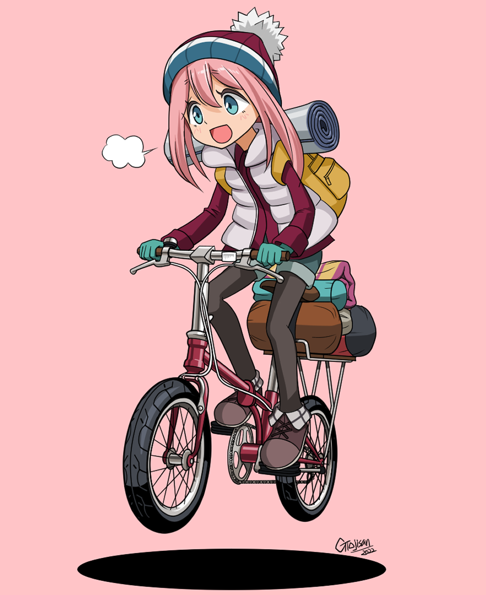 1girl, 2022, :d, aqua_gloves, backpack, bag, beanie, bedroll