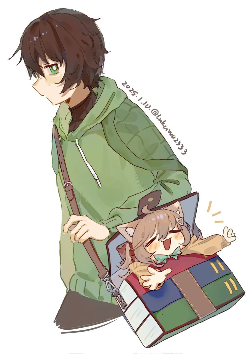 1boy, 1girl, ahoge, animal_ears, artist_name, bag, black_hair, black_pants