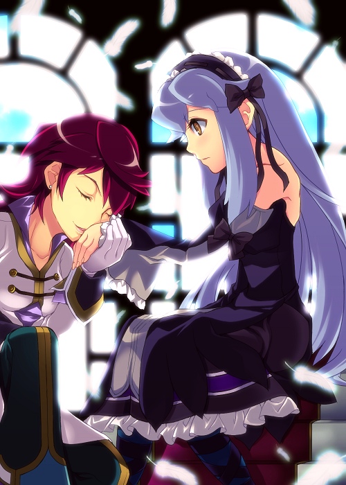 bare_shoulders, black_dress, bow, closed_eyes, coat, detached_sleeves, dress, enoo, eyes_closed, feathers, gothic_lolita, grey_hair, hand_kiss, katrina_elesius, kiss, kneeling, lolita_fashion, long_hair, multiple_girls, pantyhose, red_hair, redhead, ribbon, short_hair, smile, stairs, weisheit, wild_arms, wild_arms_xf, window, yellow_eyes