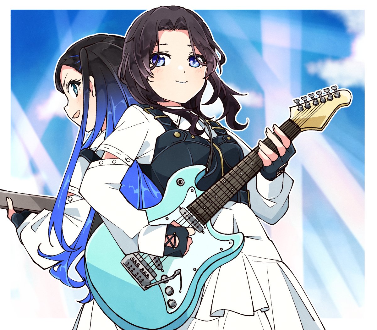 22/7, 2girls, back-to-back, belt, black_belt, black_gloves, black_hair, blue_background