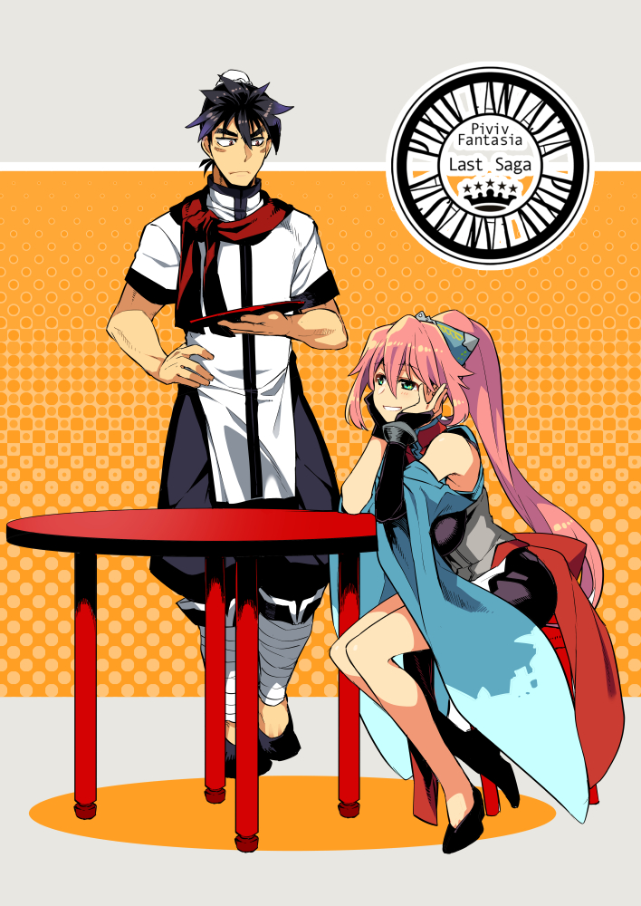 1boy, 1girl, asymmetrical_gloves, black_gloves, black_hair, black_shoes, blue_eyes, chair