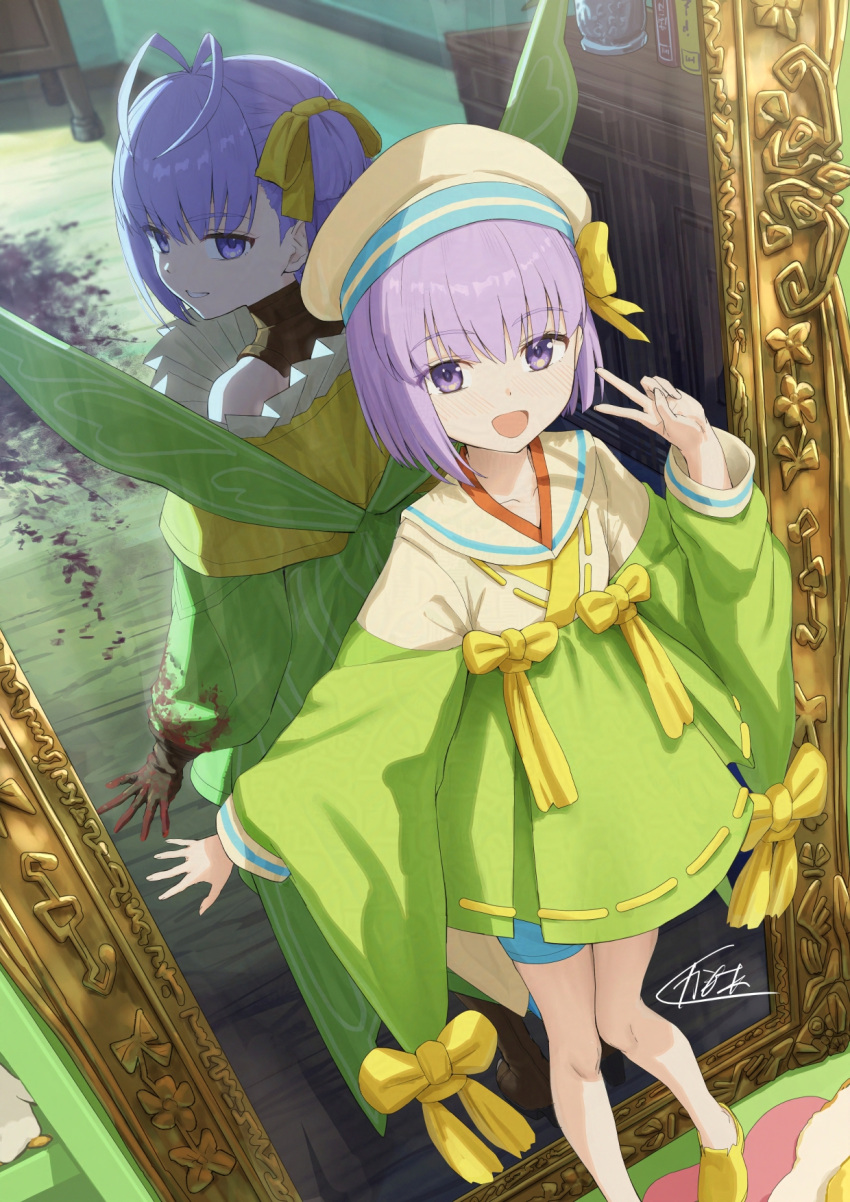 2girls, antenna_hair, bare_shoulders, blood, blood_on_hands, blue_shorts, bow, breasts