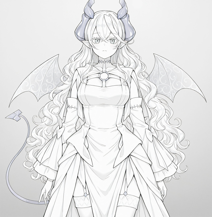 1girl, breasts, closed_mouth, collarbone, cowboy_shot, demon_tail, demon_wings, detached_sleeves, dress, duel_monster, garter_straps, hair_between_eyes, highres, horns, lady_labrynth_of_the_silver_castle, long_hair, looking_at_viewer, lovely_labrynth_of_the_silver_castle, official_alternate_costume, ownshine, pale_skin, pointy_ears, simple_background, standing, tail, thigh-highs, white_dress, white_hair, wings, yu-gi-oh!