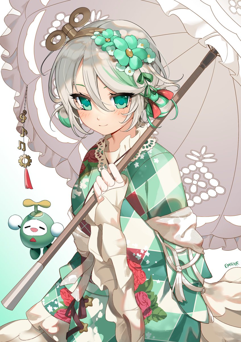 1girl, artist_name, cecilia_immergreen, cecilia_immergreen_(new_year), doll_joints, floral_print, floral_print_kimono, flower