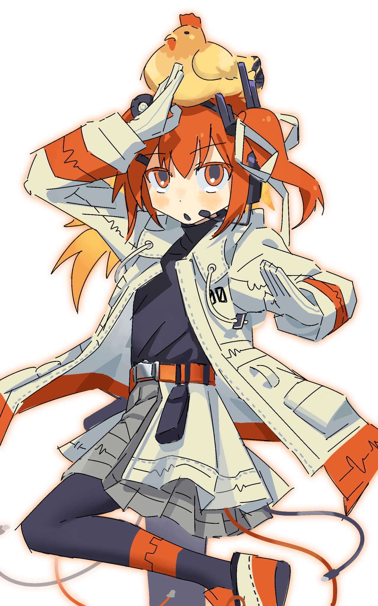 1girl, a.i._voice, adachi_rei, animal_on_head, arm_up, belt, belt_pouch, bird