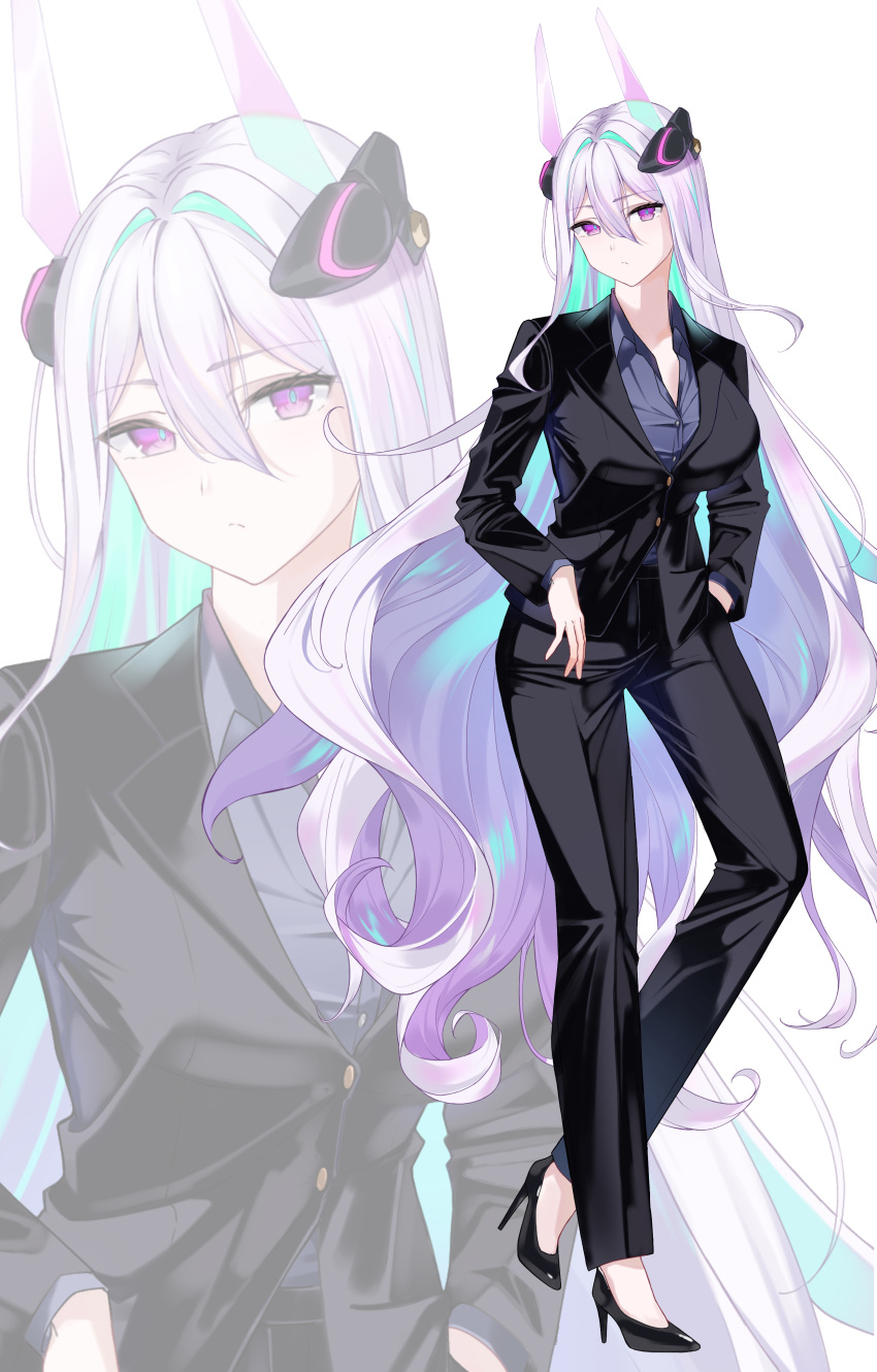 1girl, absurdres, alternate_costume, aqua_pupils, azur_lane, black_high_heels, black_jacket, black_pants