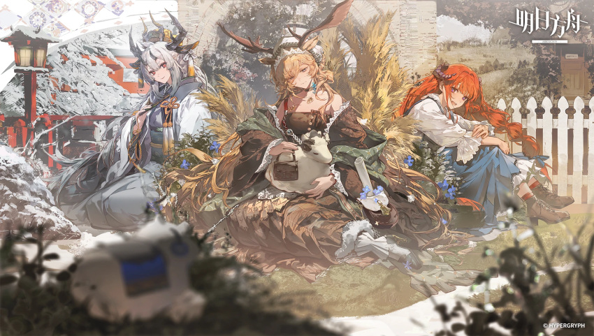 3girls, animal_ears, arknights, bagpipe_(arknights), bagpipe_(echo_of_bagpipes)_(arknights), blonde_hair, braid, grey_hair