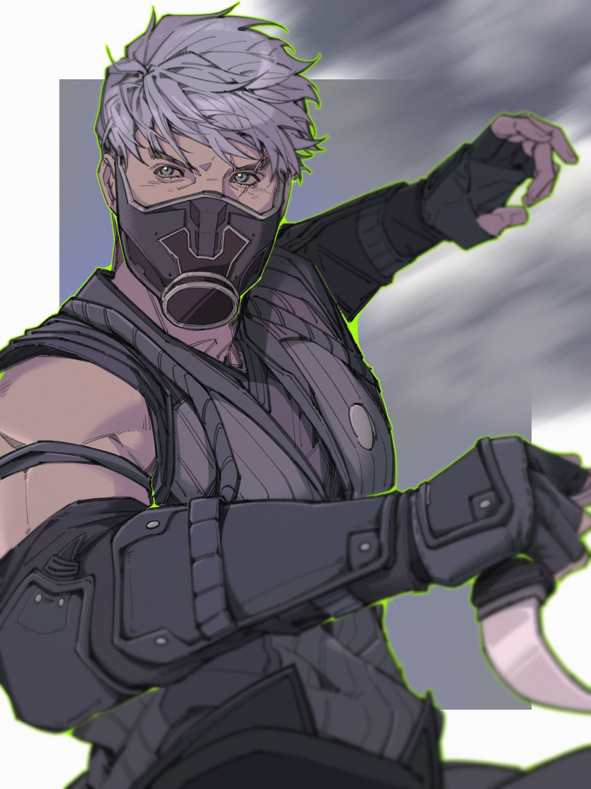 1boy, absurdres, arms_up, black_gloves, black_mask, black_pants, commentary, cowboy_shot