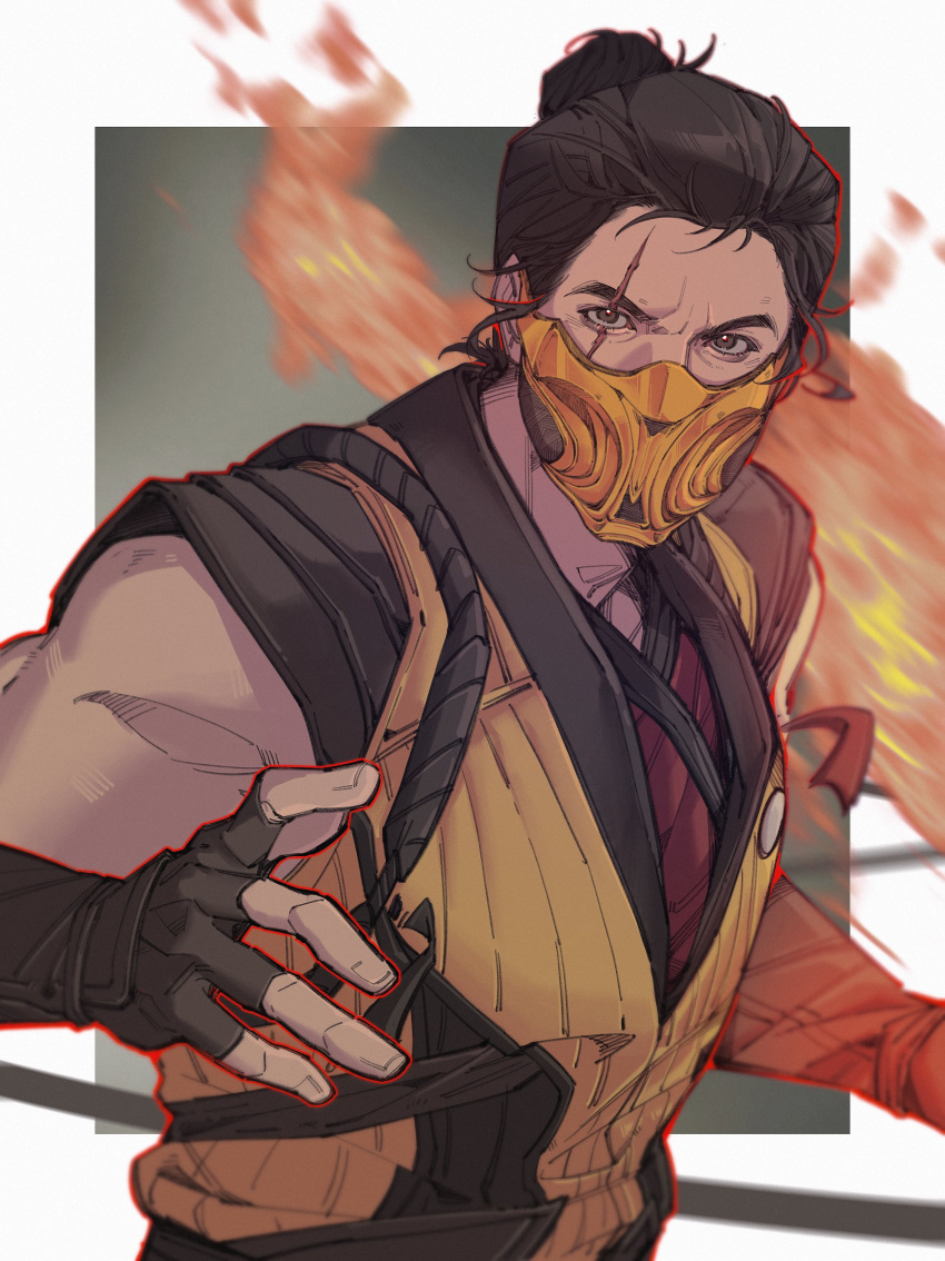 1boy, absurdres, arm_up, black_gloves, black_hair, black_shirt, brown_eyes, commentary, fingerless_gloves, fire, gloves, hair_bun, hashtag-only_commentary, highres, kuai_liang, looking_at_viewer, male_focus, mask, mortal_kombat, mortal_kombat_(series), mortal_kombat_1_(2023), mouth_mask, ninja, pereg1ne, pyrokinesis, scar, scar_across_eye, scar_on_face, scorpion_(mortal_kombat), shirt, single_hair_bun, sleeveless, solo, upper_body, whip, yellow_mask, yellow_shirt