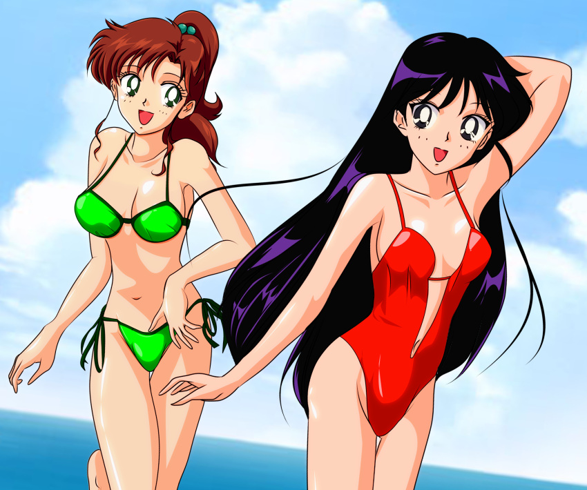 2girls, bishoujo_senshi_sailor_moon, black_eyes, black_hair, brown_hair, casual_one-piece_swimsuit, gentoku, green_eyes