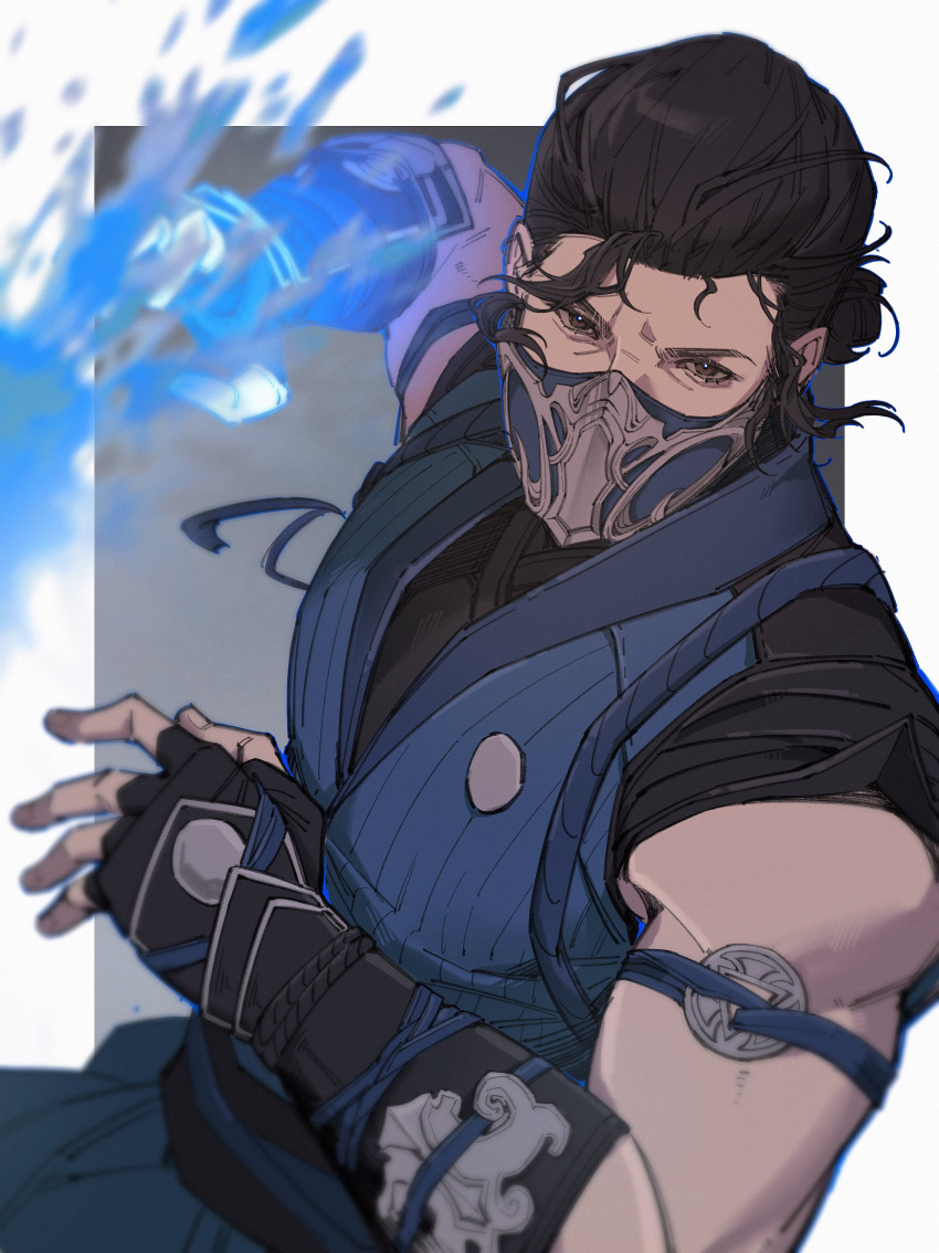 1boy, absurdres, arms_up, bi-han, black_hair, black_shirt, blue_shirt, brown_eyes