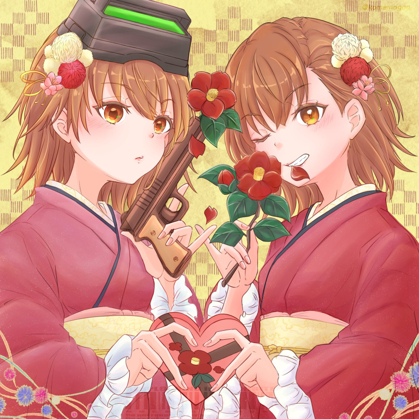 2girls, ;), asymmetrical_bangs, box, brown_eyes, brown_hair, candy, chocolate