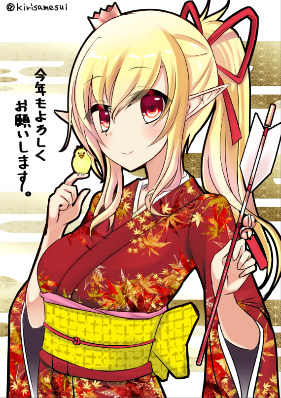 1girl, animal_on_finger, arrow_(projectile), bell, bird, blonde_hair, bow, closed_mouth