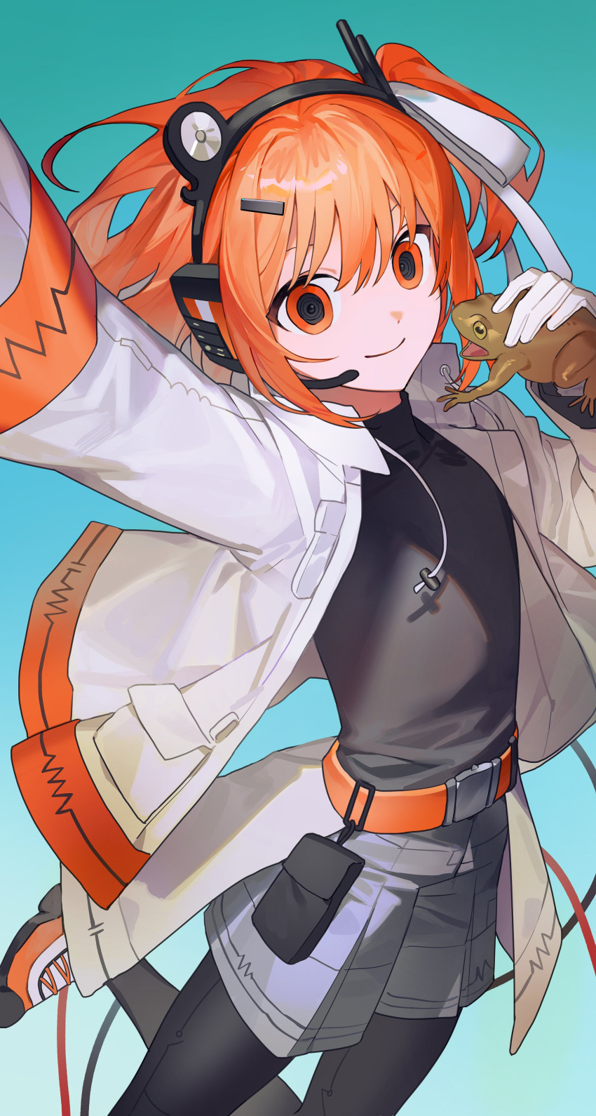 1girl, a.i._voice, absurdres, adachi_rei, aqua_background, belt, black_pantyhose, black_shirt, blue_background, cable, closed_mouth, flat_chest, frog, hair_ribbon, hashtag-only_commentary, headlamp, headphones, headset, highres, holding_frog, jacket, long_sleeves, looking_at_viewer, microphone, nuehnana, open_clothes, open_jacket, orange_belt, orange_hair, pantyhose, radio_antenna, ribbon, shirt, shoes, shorts, side_ponytail, simple_background, sneakers, solo, utau, white_jacket, white_ribbon, white_sneakers