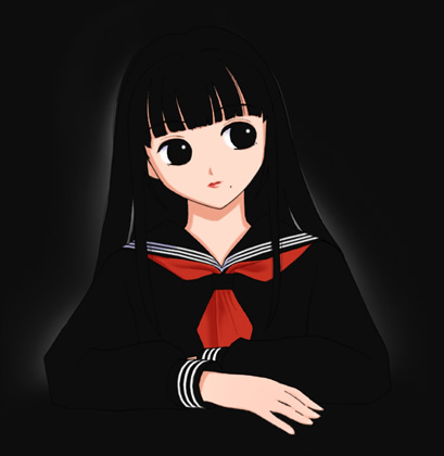 1girl, black_background, black_eyes, black_hair, black_sailor_collar, black_serafuku, blunt_bangs, expressionless
